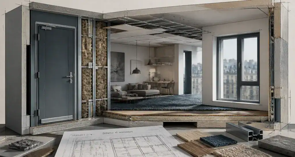 isoler phoniquement une pièce avec mur doublé, faux plafond et porte isolée