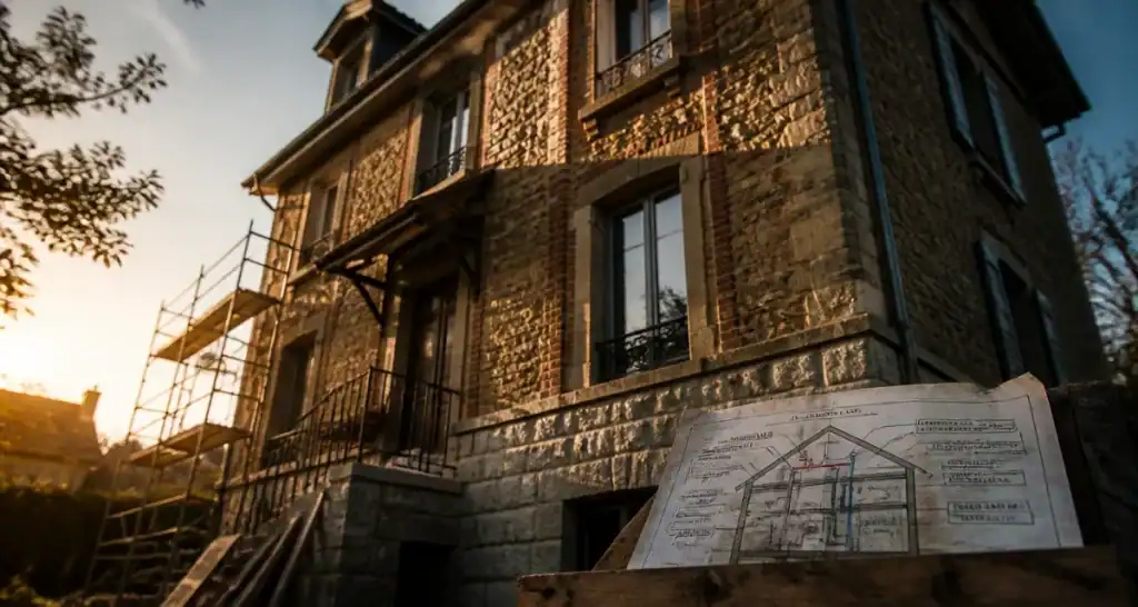 Maison meulière : façade en pierres ocre et briques, avantage inconvénient