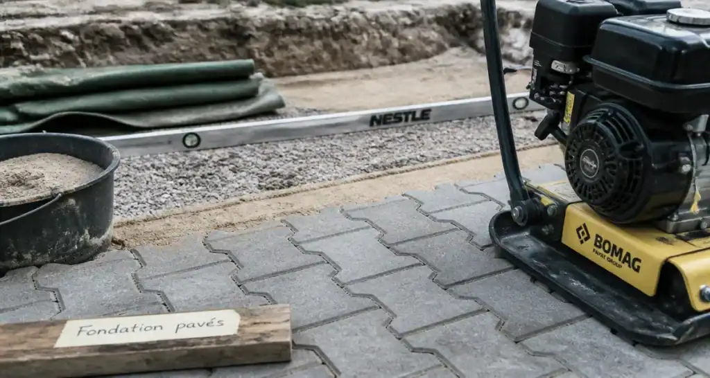 Pavé autobloquant pose sur sable, pente 1 à 2% et compactage