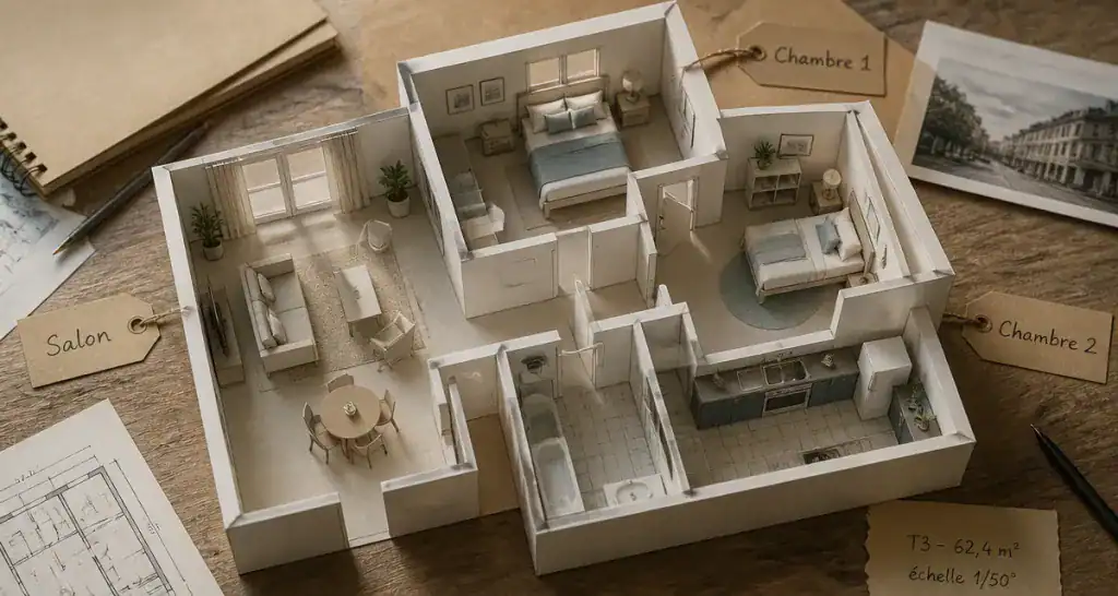 t3 combien de chambre maquette papier appartement
