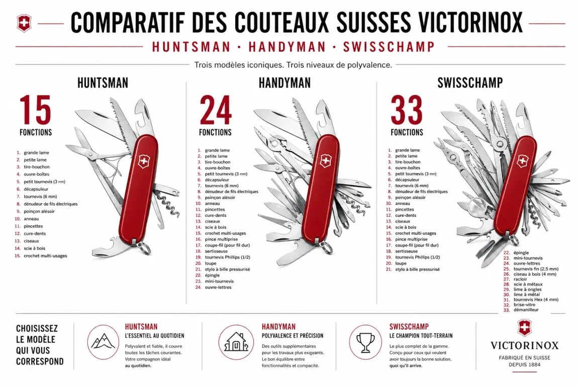 Comparatif des couteaux suisses Victorinox : Huntsman, Handyman et SwissChamp