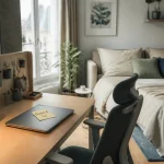 Aménagement bureau chambre d'amis : bureau et lit canapé-lit, près de la fenêtre