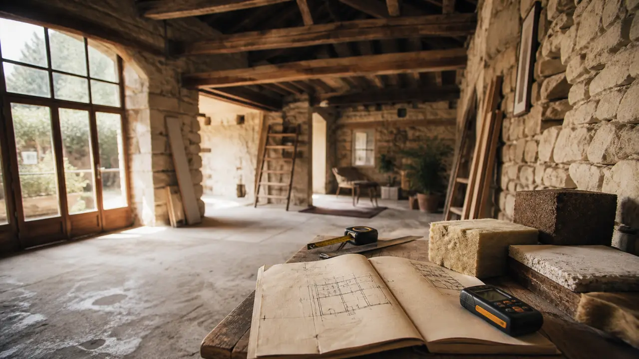 Aménagement grange : intérieur d’ancienne grange rénovée, poutres et pierre