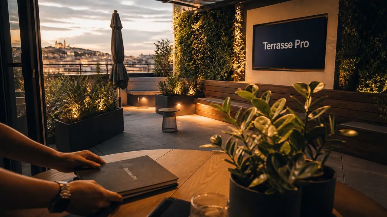 Aménagement de terrasse bureau lyon : dalles, bacs sur mesure, mur végétal