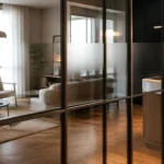 Cloison en verre fixe séparant cuisine et salon, lumière et intimité