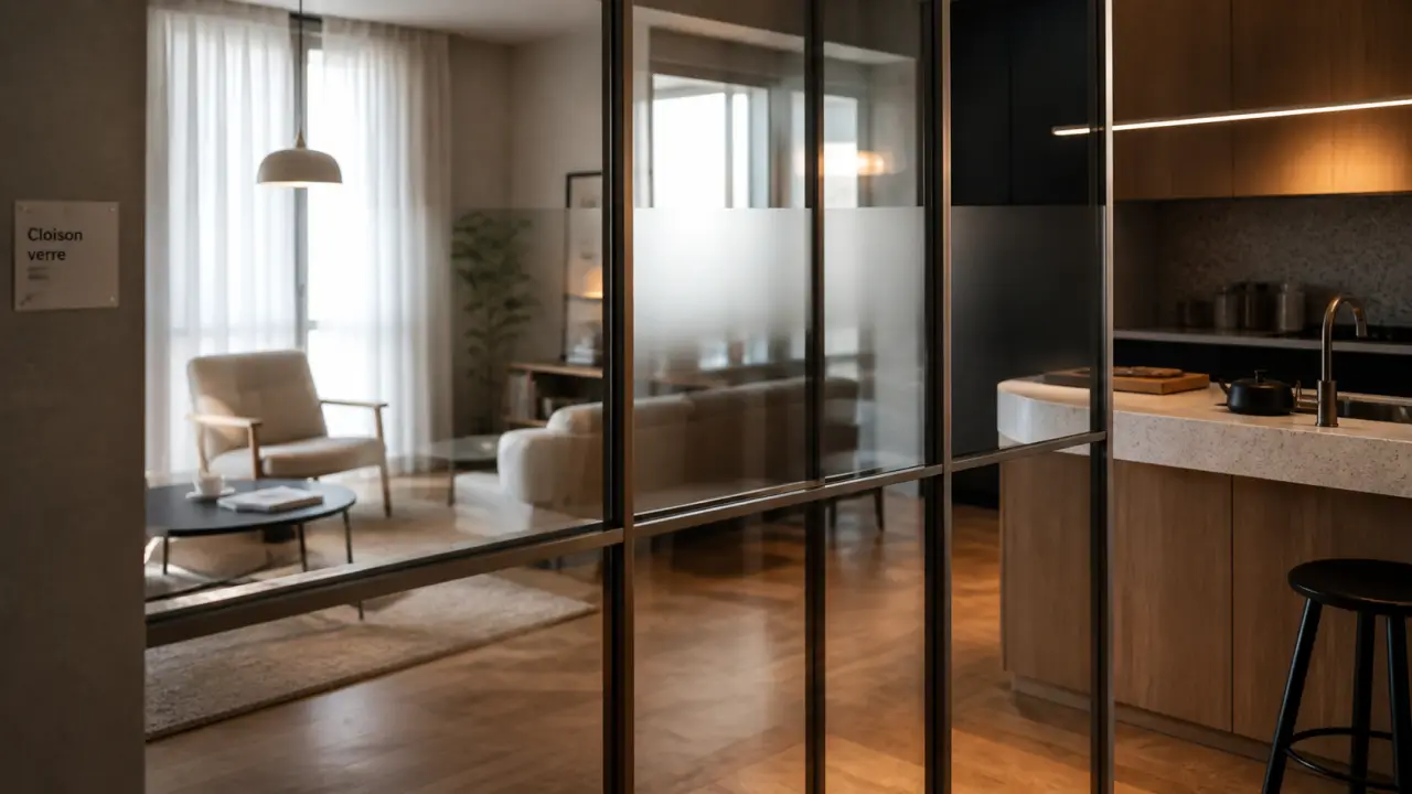Cloison en verre fixe séparant cuisine et salon, lumière et intimité