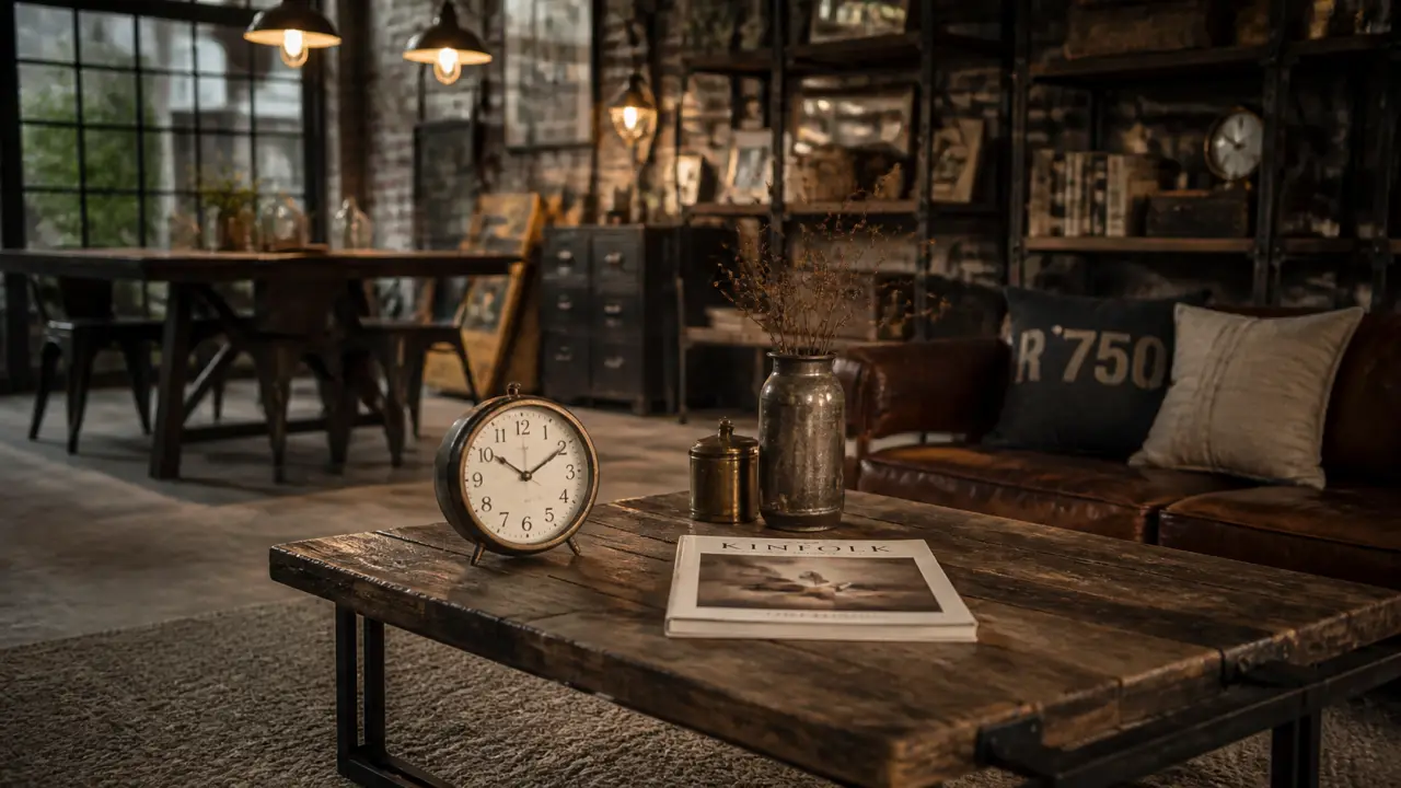 Déco vintage industriel bois et métal, table basse et horloge chinées