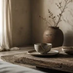 Salon deco wabi sabi avec kintsugi, lin lavé et enduit à la chaux