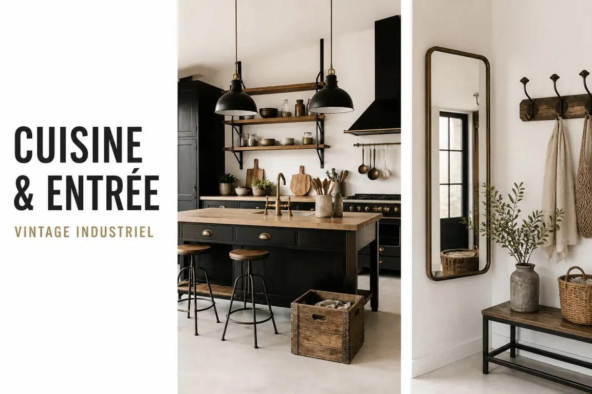 Déco vintage industriel dans une cuisine et une entrée avec étagères bois métal et objets vintage