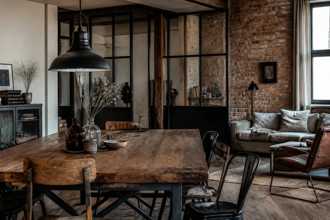 Déco vintage industriel dans un salon-salle à manger avec bois massif, métal noir et verrière