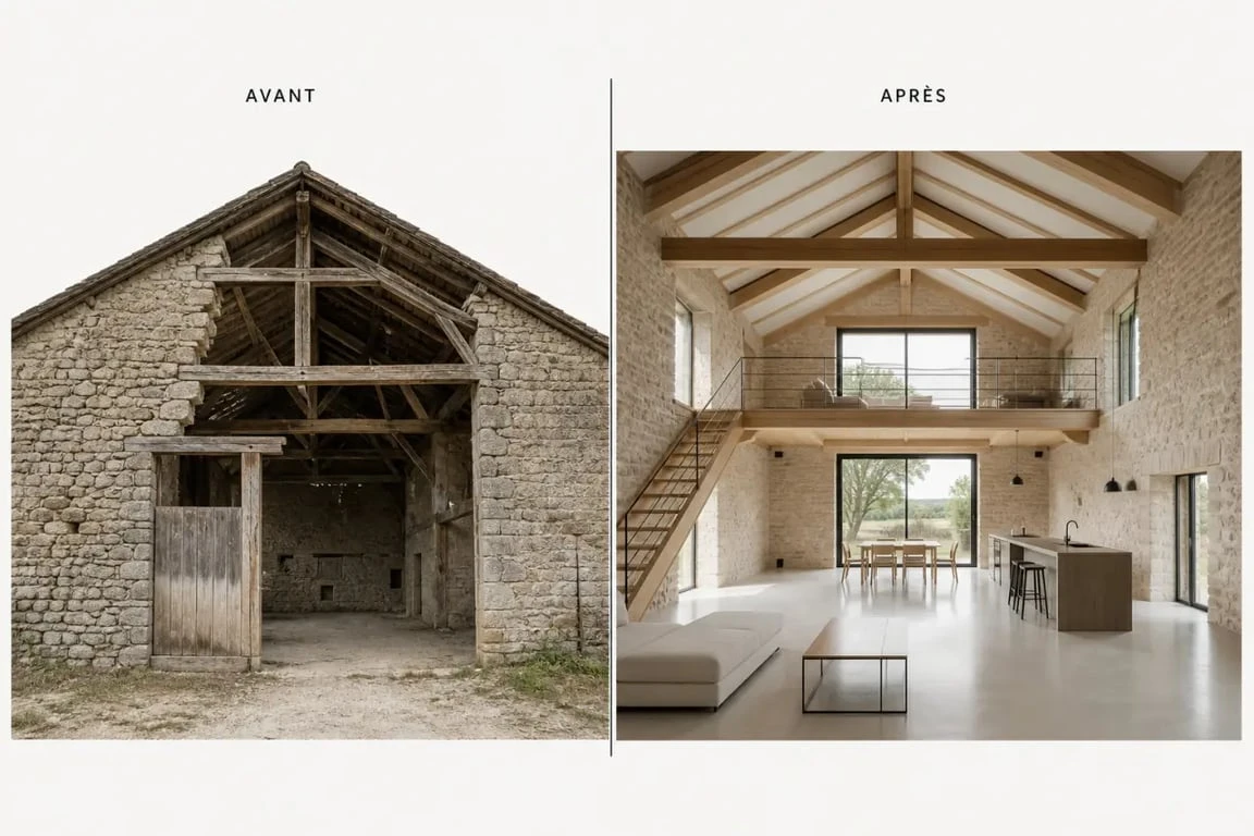 Aménagement grange : avant/après d’une grange ancienne transformée en habitation lumineuse
