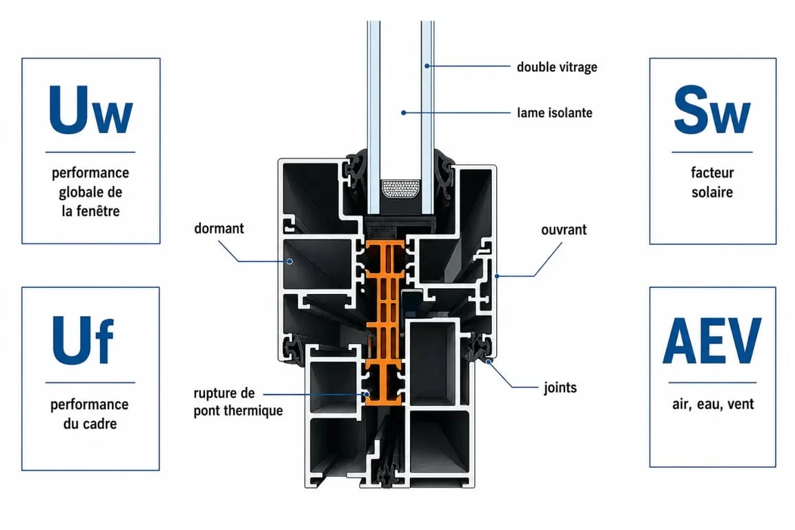 Isolation thermique fenetre alu en coupe avec rupture de pont thermique, double vitrage et repères Uw, Uf, Sw, AEV