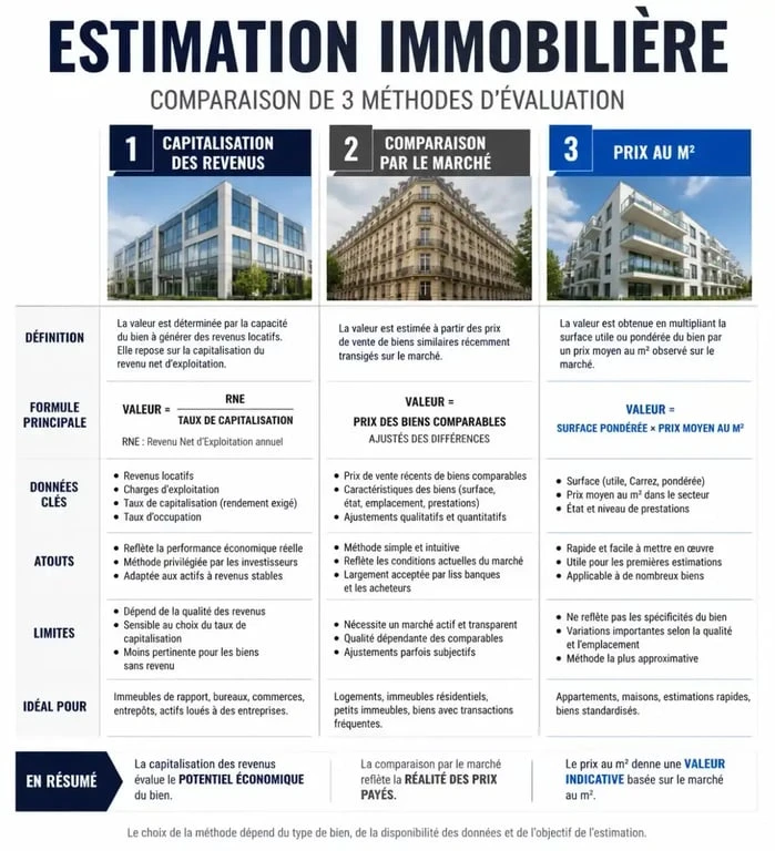 Infographie des méthodes pour estimer un local commercial : capitalisation, comparaison et prix au m²