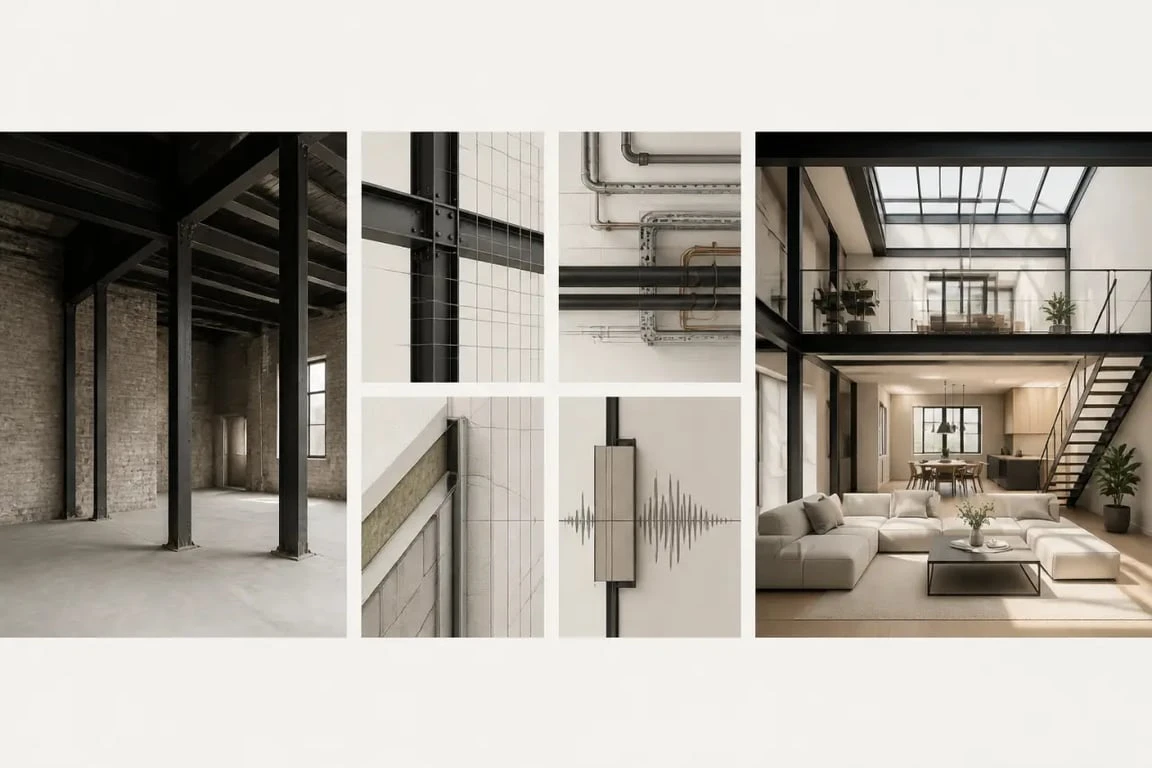 Rénovation loft Paris : comparaison visuelle d’un loft brut et d’un loft rénové avec priorités techniques