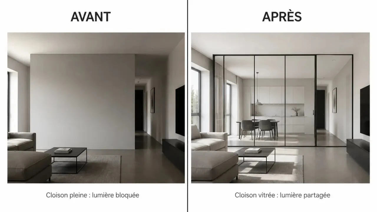 Avant après d’une cloison en verre dans un intérieur lumineux