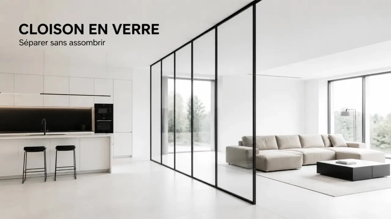 Cloison en verre entre cuisine et salon dans un intérieur lumineux