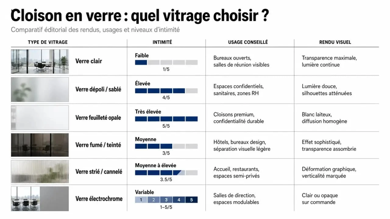 Comparatif des types de cloison en verre selon l’intimité et le rendu