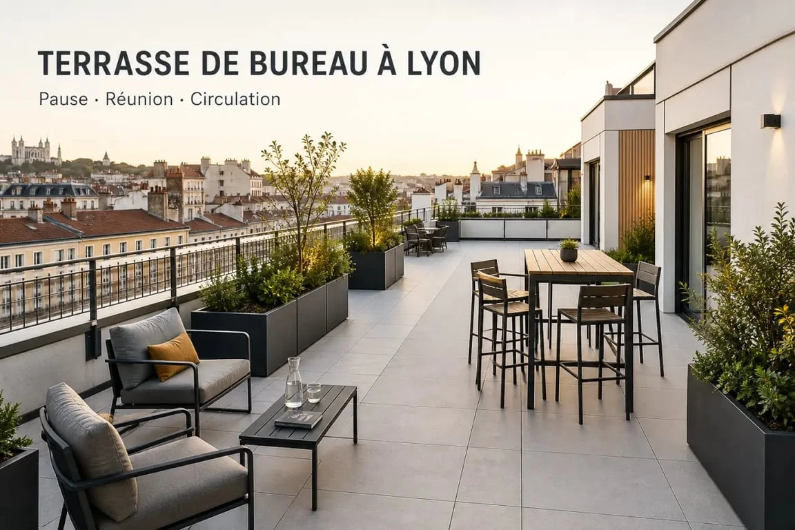 Aménagement de terrasse bureau Lyon avec zones de pause, végétaux et mobilier professionnel