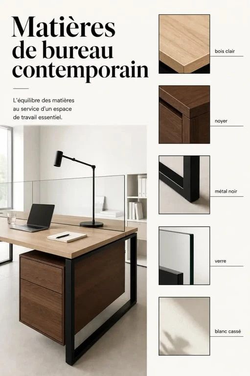 Bureau contemporain en bois, métal et verre dans une composition de matières