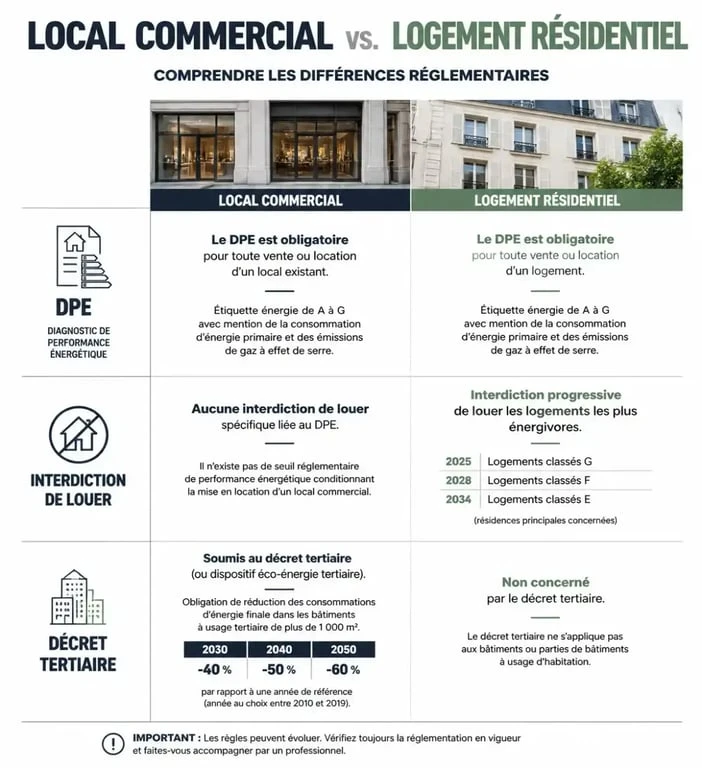 Tableau comparatif des obligations DPE entre local commercial et logement résidentiel