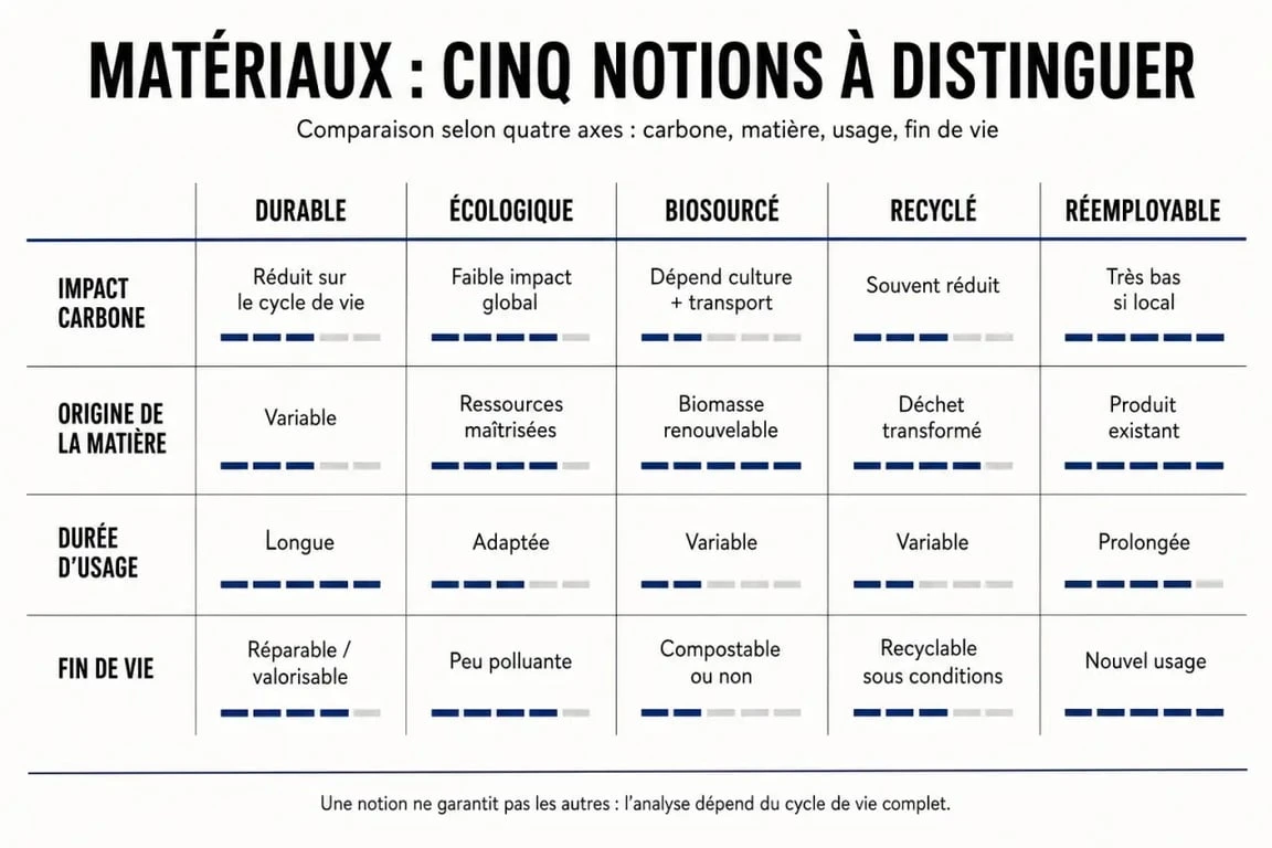 Comparaison des matériaux durables entre durable, écologique, biosourcé, recyclé et réemployable