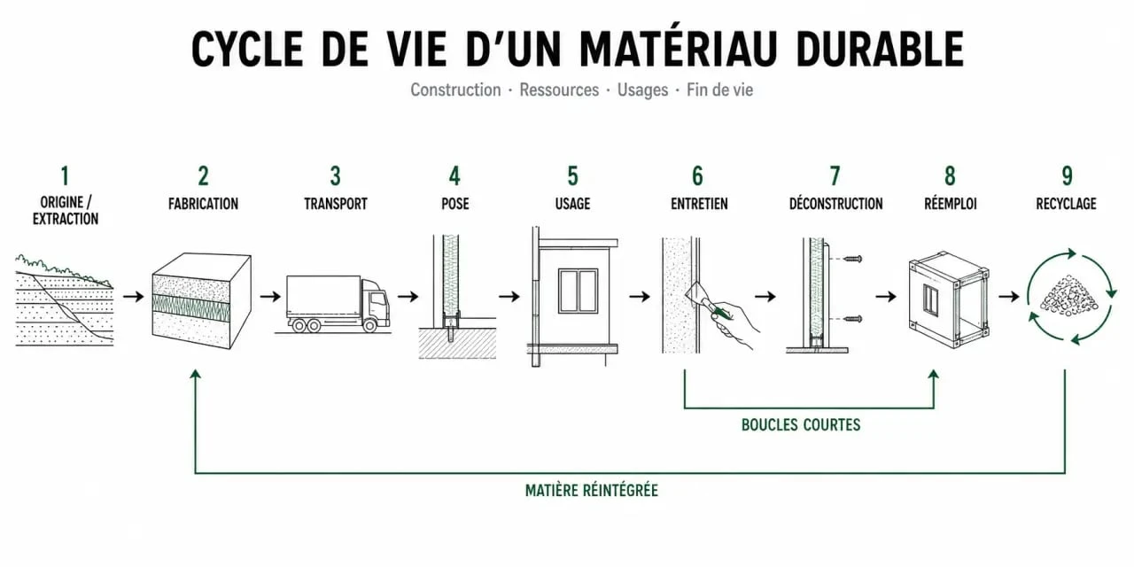 Cycle de vie des matériaux durables dans la construction, de l'origine au réemploi