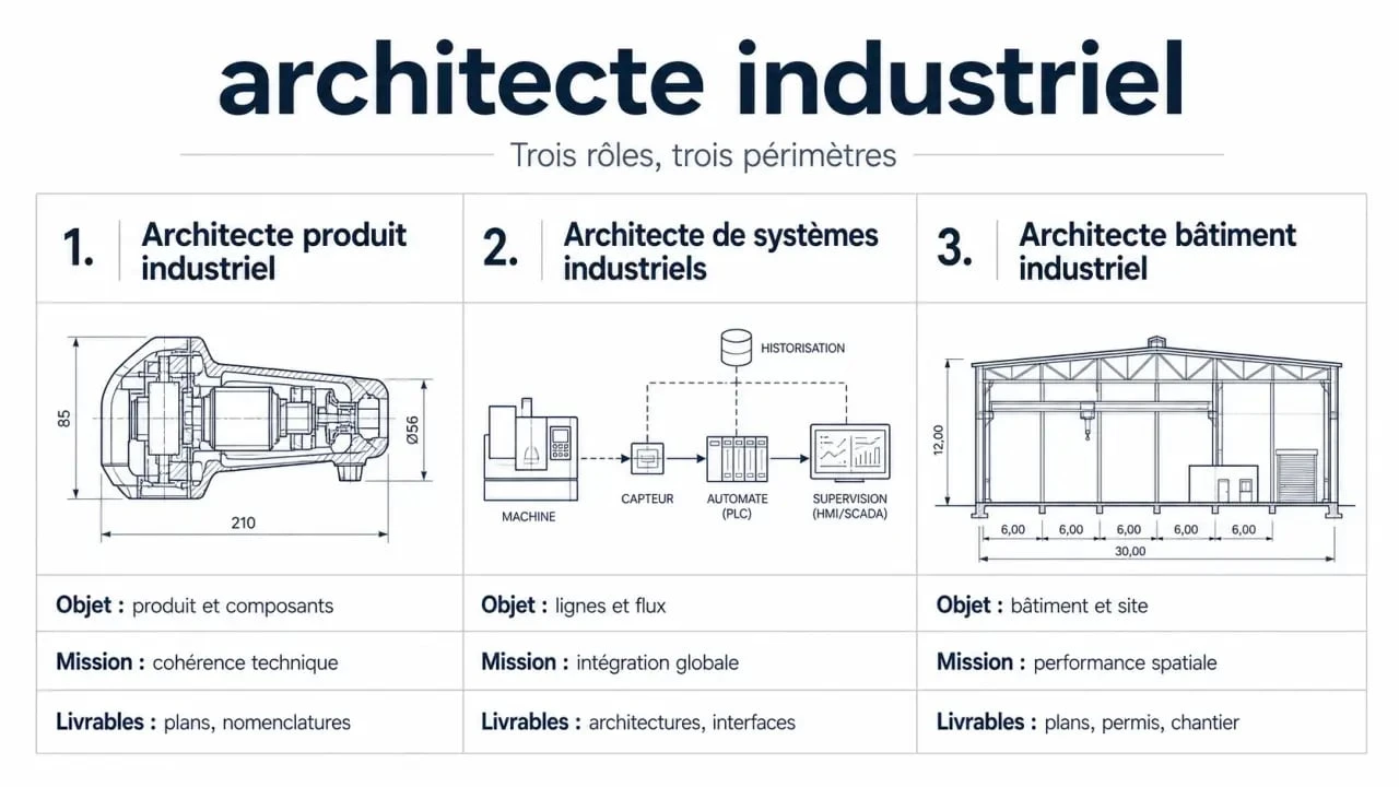 Architecte industriel : comparaison visuelle entre architecte produit industriel, architecte de systèmes industriels et architecte bâtiment industriel