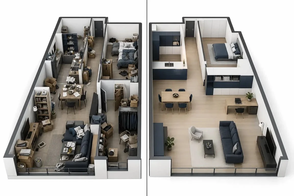 Agencement intérieur avant/après d’un séjour optimisé avec circulation dégagée et rangements intégrés