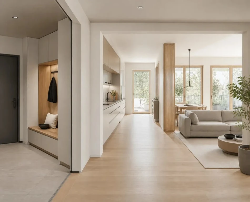 Agencement intérieur d’une entrée, cuisine et séjour organisés pour améliorer la circulation