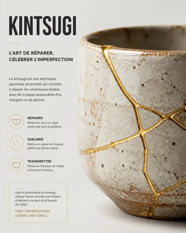 Céramique réparée avec la technique du kintsugi illustrant la beauté de l'imperfection dans la deco wabi sabi