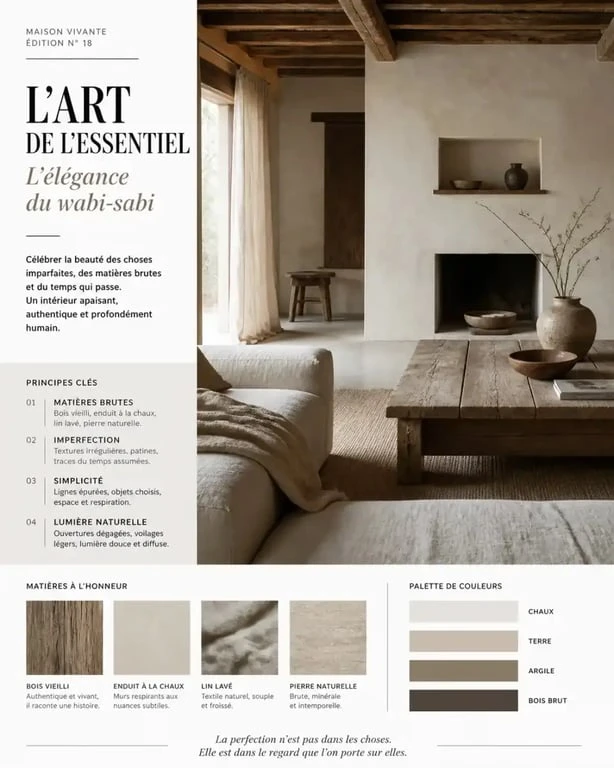 Intérieur de salon décoré dans le style wabi-sabi avec des matériaux naturels et des tons terreux