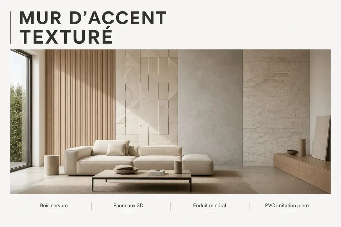 Habillage mur interieur moderne : comparaison visuelle des finitions bois, PVC, enduit et panneaux 3D