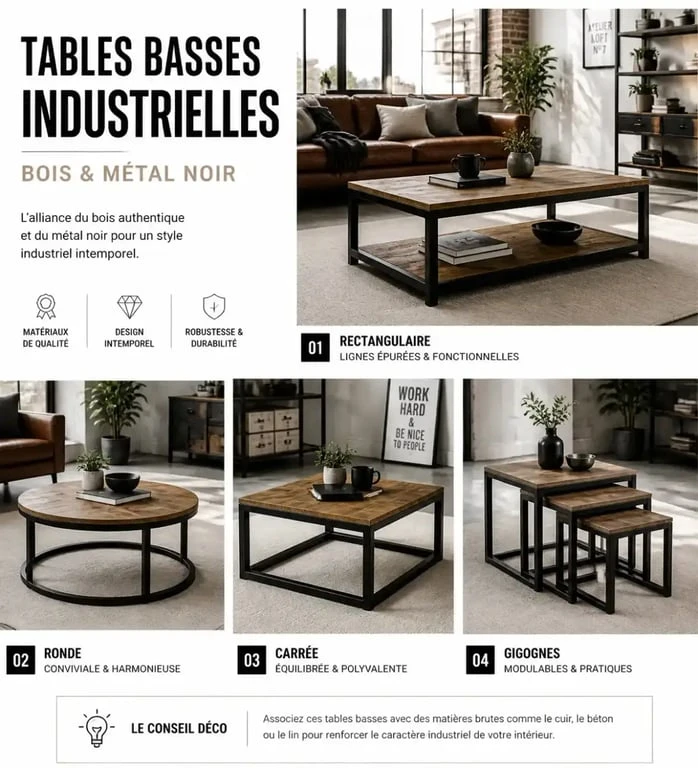 Différents modèles de table basse industrielle : rectangulaire, ronde, carrée et gigogne pour salon