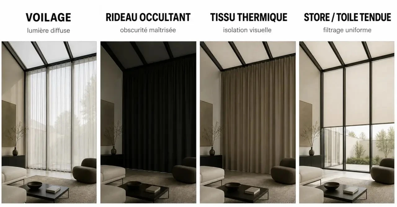 Rideau pour verriere : comparaison visuelle des solutions voilage, occultant, thermique et store