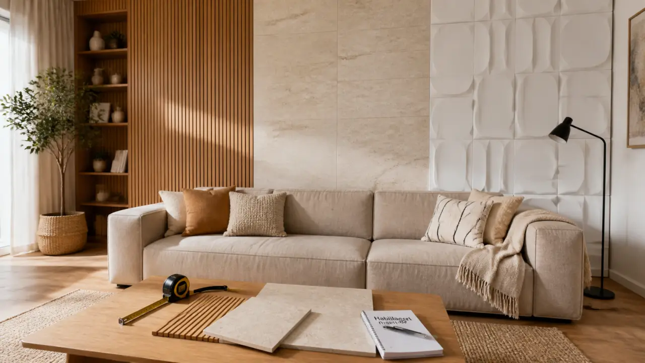 Habillage mur interieur moderne : mur d’accent bois, PVC et panneaux 3D, intérieur lumineux