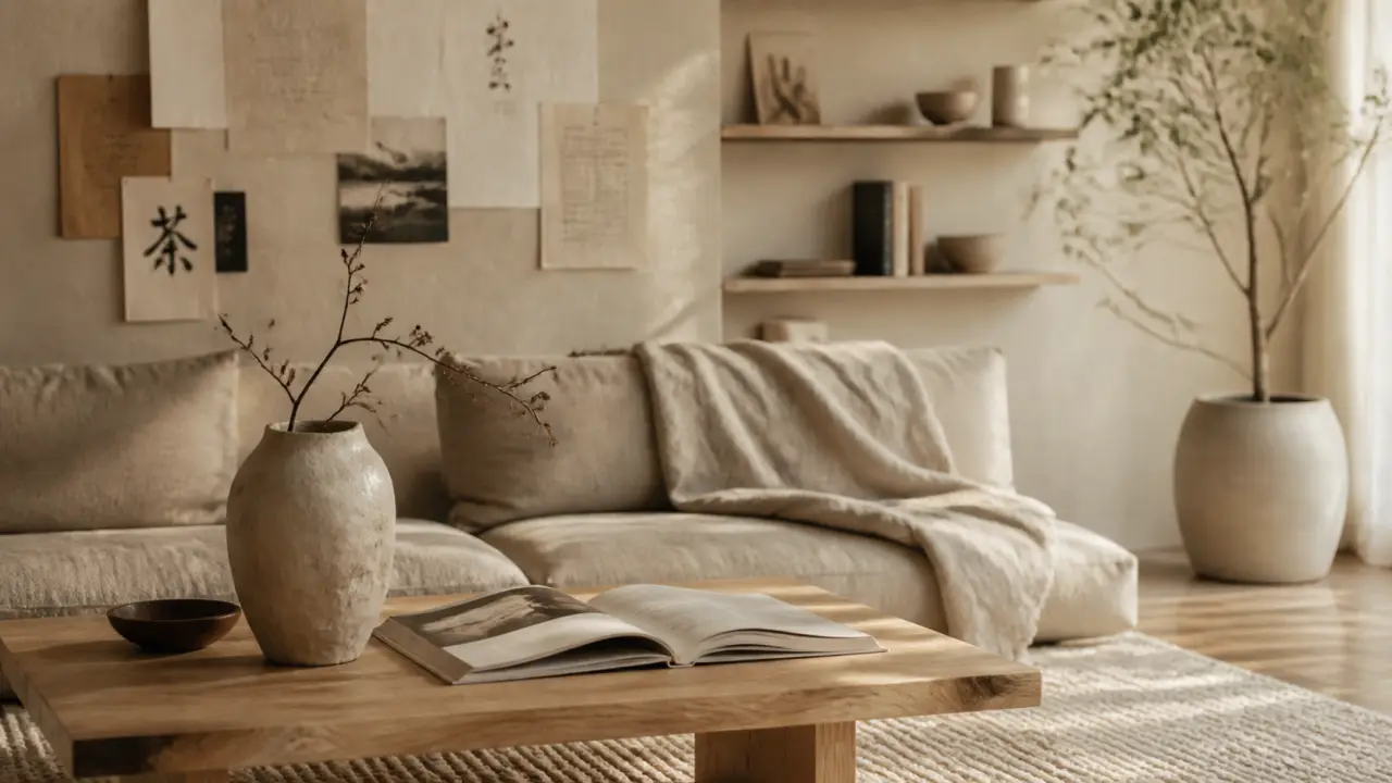 Salon style japandi interieur wabi-sabi et hygge, lumière naturelle, tons neutres.