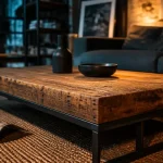 Table basse industrielle en bois recyclé et métal noir dans un salon