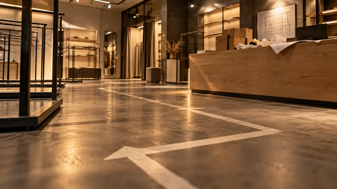 Aménagement intérieur boutique : ruban au sol et parcours client, valorisation des mètres carrés