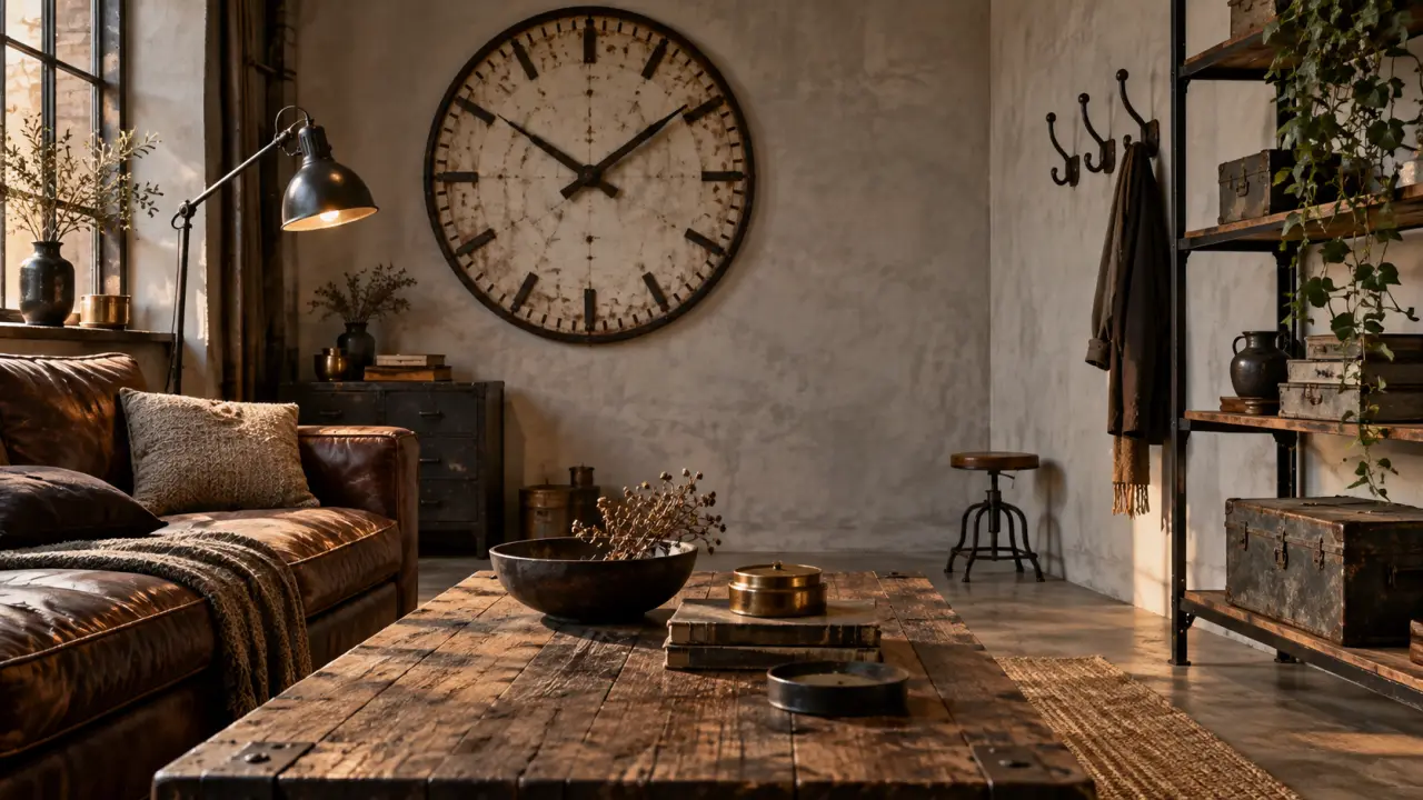 Décoration vintage industrielle : horloge et objets sur table en bois