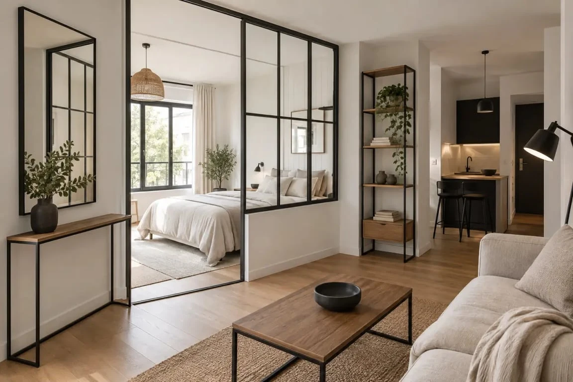 Petit espace au style industriel avec verrière légère, mobilier fin et lumière préservée