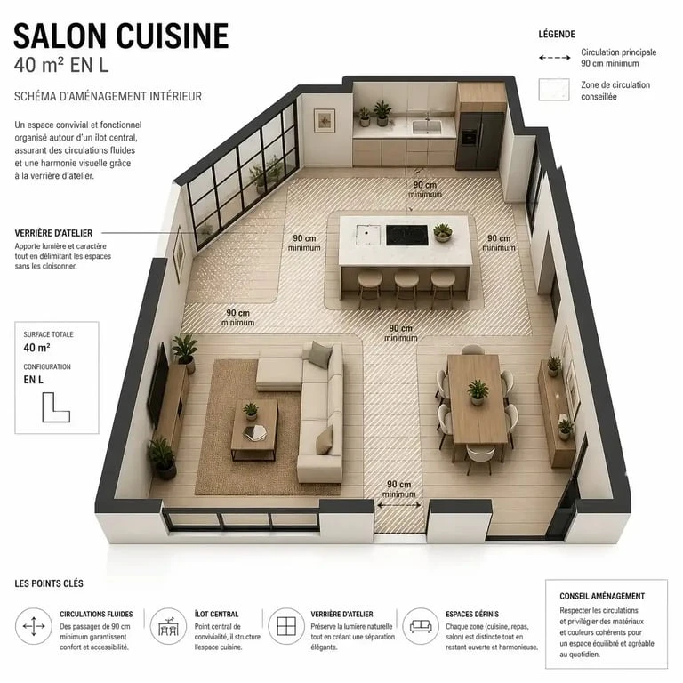 Plan d'aménagement optimisé pour un salon cuisine de 40m2 avec îlot central