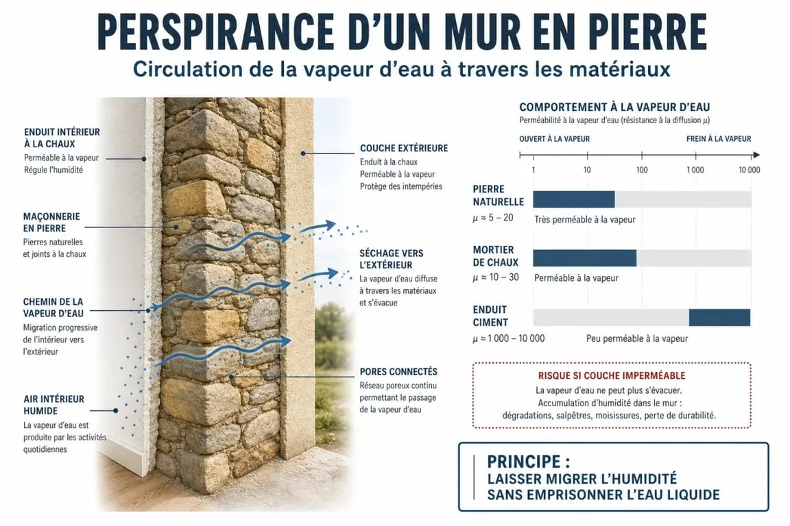 Illustration de la perspirance et gestion de l'humidité dans un mur en pierre
