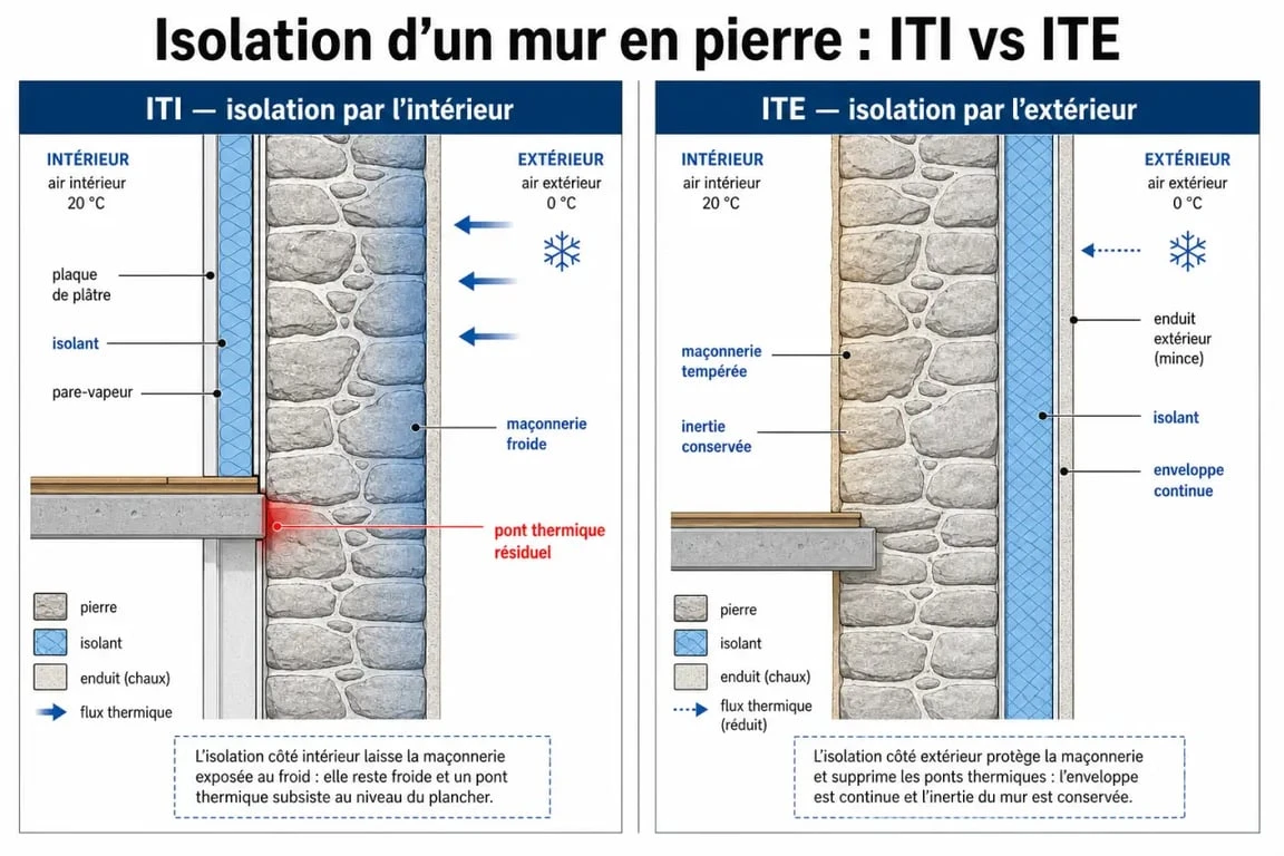 Schéma comparatif isolation thermique par l'intérieur et l'extérieur pour maison en pierre
