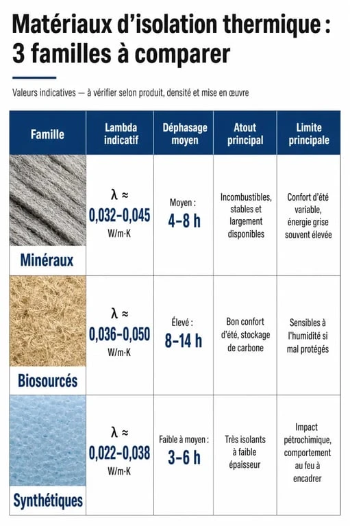 Comparatif des isolation thermique matériaux entre familles minérales, biosourcées et synthétiques