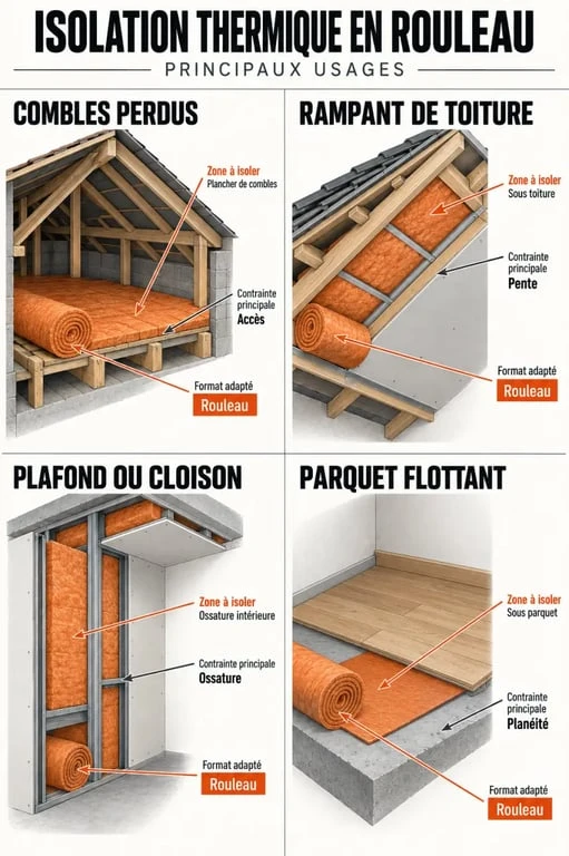 Isolation thermique en rouleau selon la zone à isoler : combles, toiture, plafond et parquet
