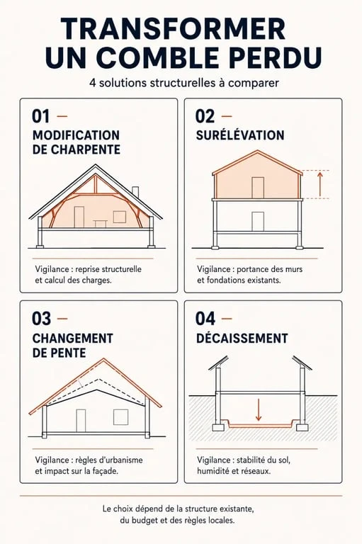 Infographie sur un comble aménagé et les quatre solutions pour transformer des combles perdus