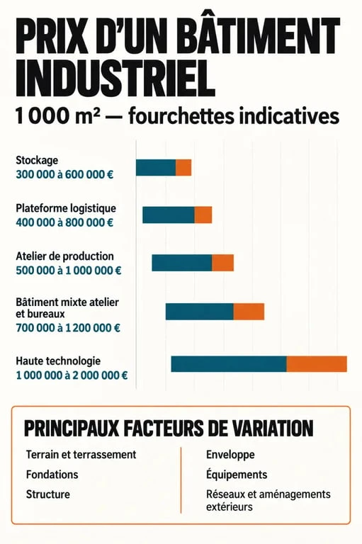 Infographie du prix d’un bâtiment industriel de 1 000 m² selon l’usage et les équipements