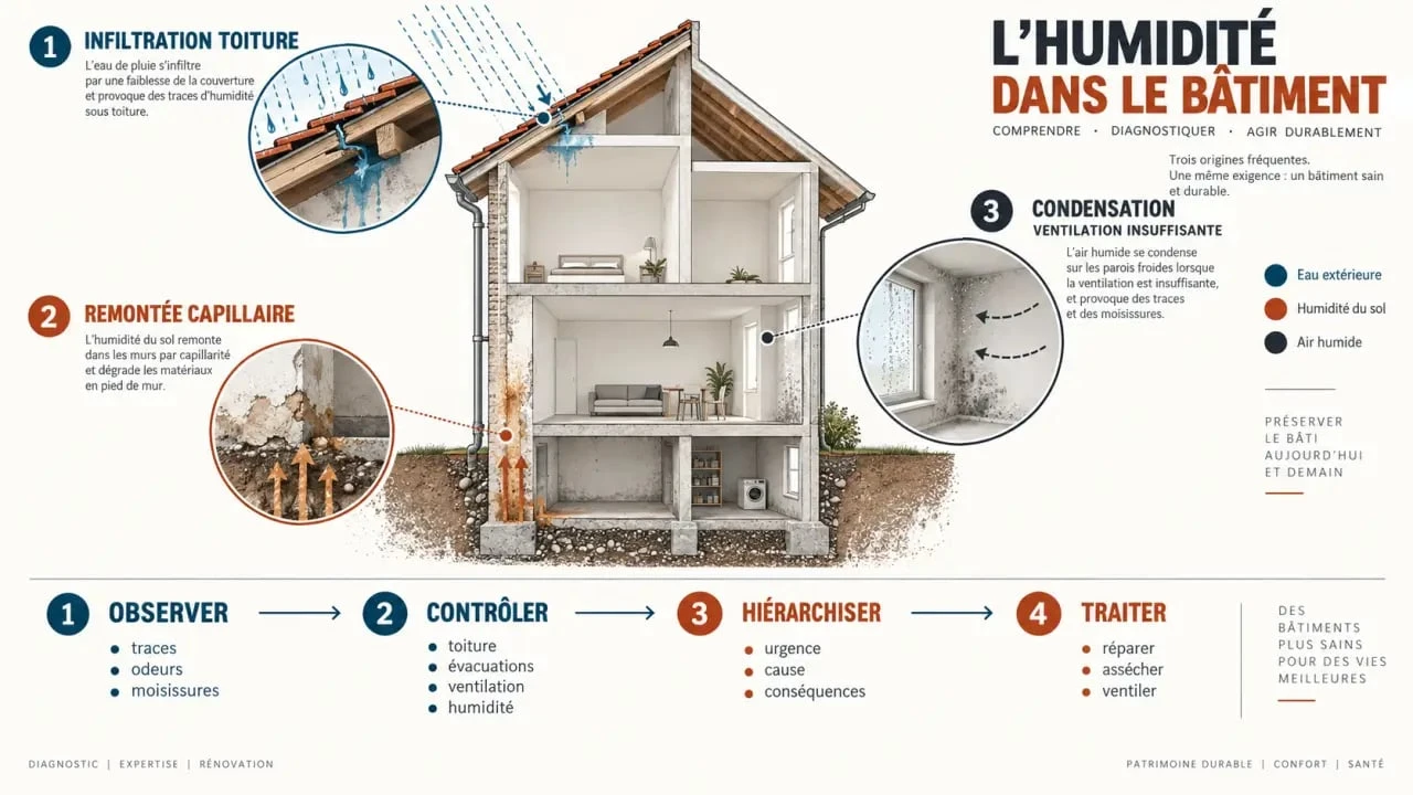 Schéma pédagogique d’une formation pathologie du bâtiment sur les causes de l’humidité et la méthode de diagnostic
