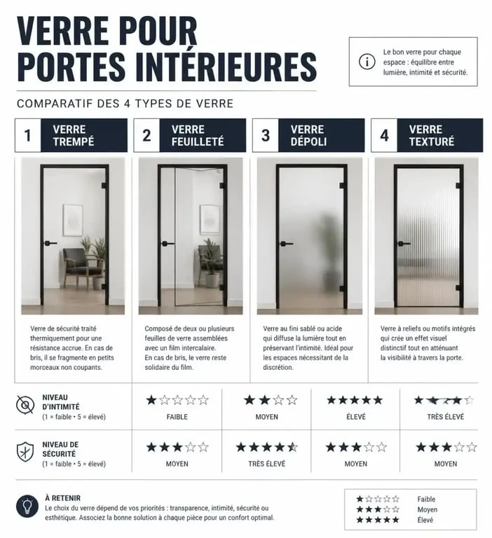 Infographie comparative des types de verre pour porte intérieure : trempé, feuilleté, dépoli et texturé