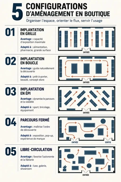 Infographie des configurations d’aménagement intérieur boutique et des parcours clients